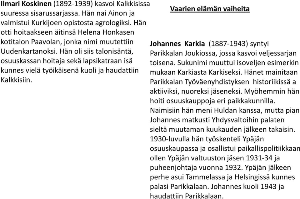 Hän oli siis talonisäntä, osuuskassan hoitaja sekä lapsikatraan isä kunnes vielä työikäisenä kuoli ja haudattiin Kalkkisiin.