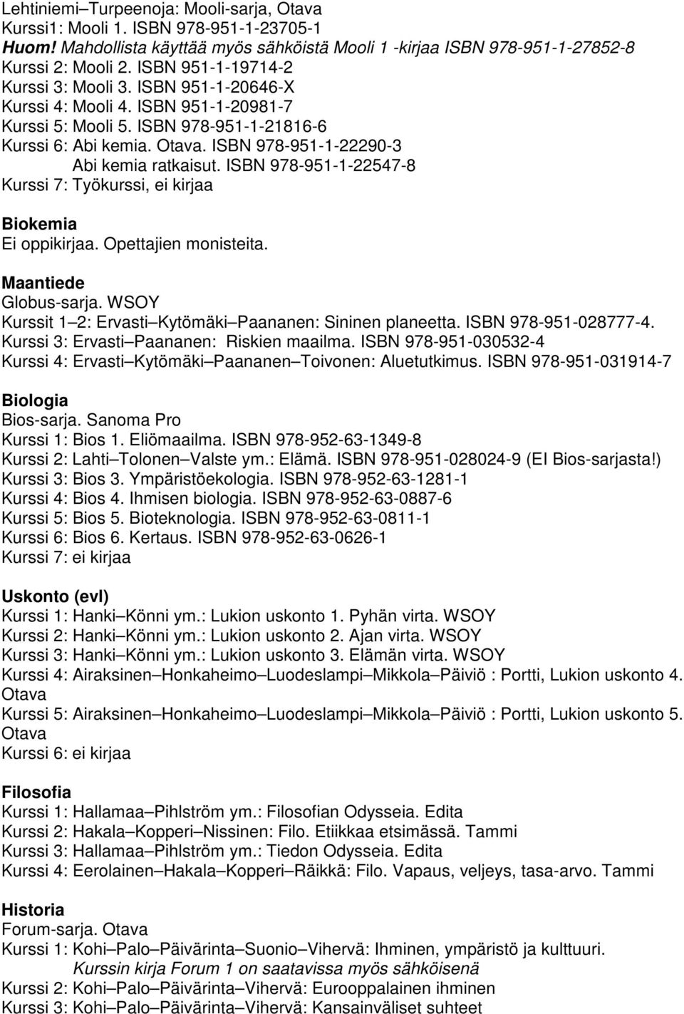 ISBN 978-951-1-22290-3 Abi kemia ratkaisut. ISBN 978-951-1-22547-8 Kurssi 7: Työkurssi, ei kirjaa Biokemia Ei oppikirjaa. Opettajien monisteita. Maantiede Globus-sarja.