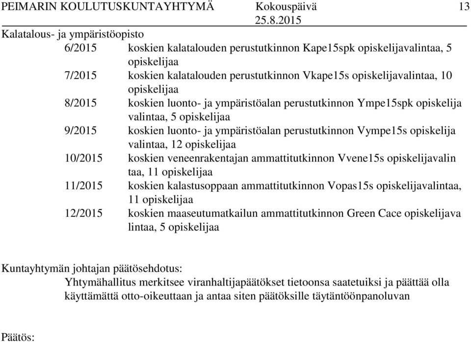 opiskelijaa 10/2015 koskien veneenrakentajan ammattitutkinnon Vvene15s opiskelijavalin taa, 11 opiskelijaa 11/2015 koskien kalastusoppaan ammattitutkinnon Vopas15s opiskelijavalintaa, 11 opiskelijaa