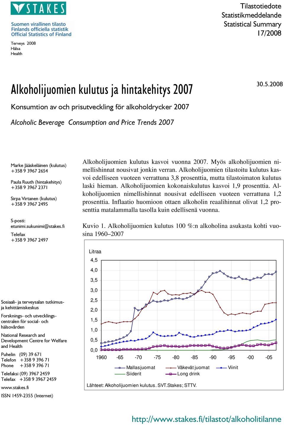 2371 Sirpa Virtanen (kulutus) +358 9 3967 2495 S-posti: etunimi.sukunimi@stakes.fi Telefax +358 9 3967 2497 Alkoholijuomien kulutus kasvoi vuonna 2007.