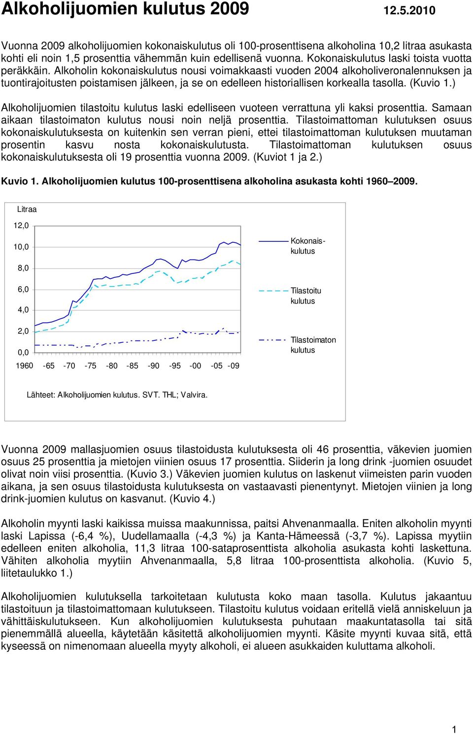 Alkoholin kokonaiskulutus nousi voimakkaasti vuoden 2004 alkoholiveronalennuksen ja tuontirajoitusten poistamisen jälkeen, ja se on edelleen historiallisen korkealla tasolla. (Kuvio 1.