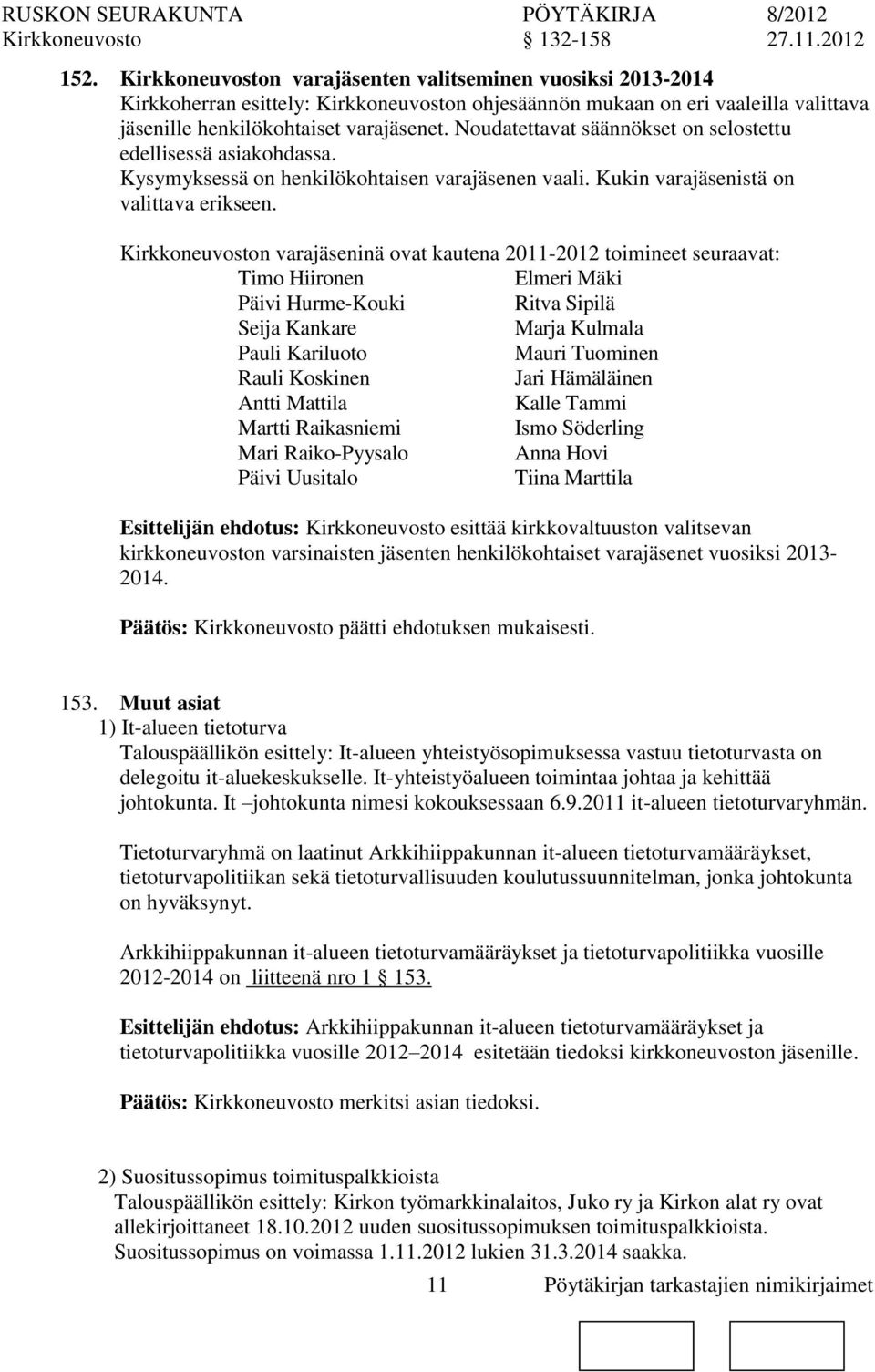 Kirkkeuvost varajäseninä ovat kautena 2011-2012 toimineet seuraavat: Timo Hiiren Elmeri Mäki Päivi Hurme-Kouki Ritva Sipilä Seija Kankare Marja Kulmala Pauli Kariluoto Mauri Tuominen Rauli Koskinen