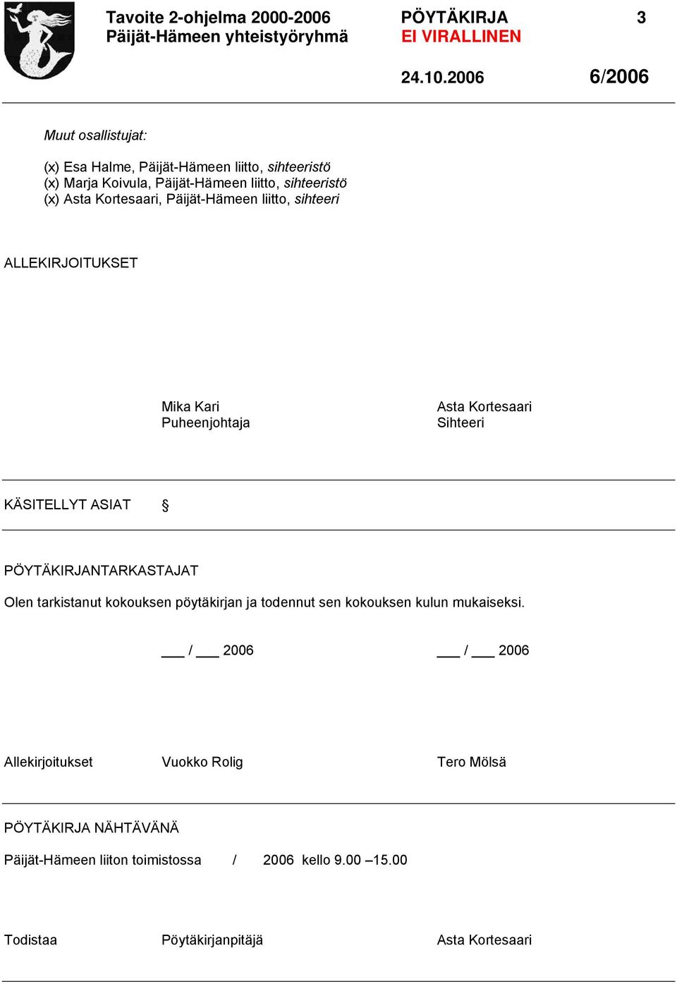 KÄSITELLYT ASIAT PÖYTÄKIRJANTARKASTAJAT Olen tarkistanut kokouksen pöytäkirjan ja todennut sen kokouksen kulun mukaiseksi.