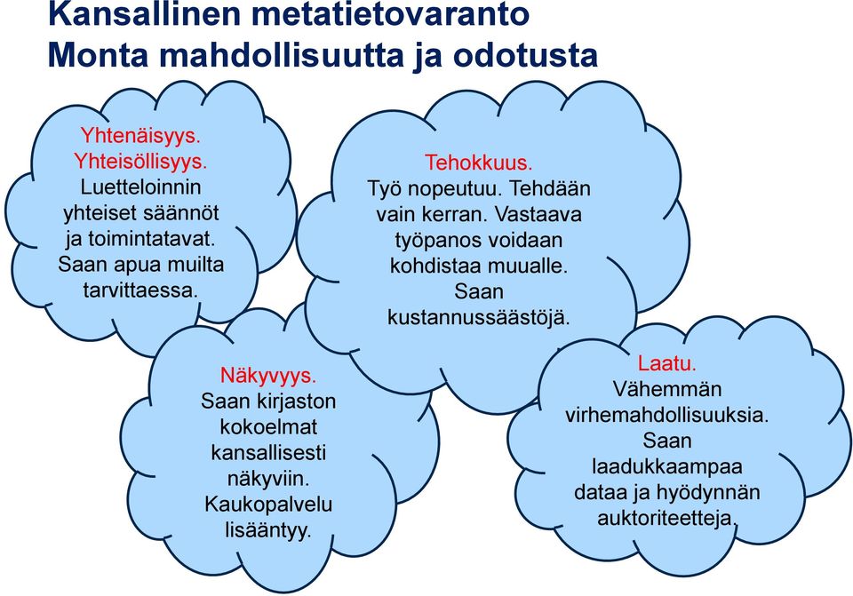 Saan kirjaston kokoelmat kansallisesti näkyviin. Kaukopalvelu lisääntyy. Tehokkuus. Työ nopeutuu.