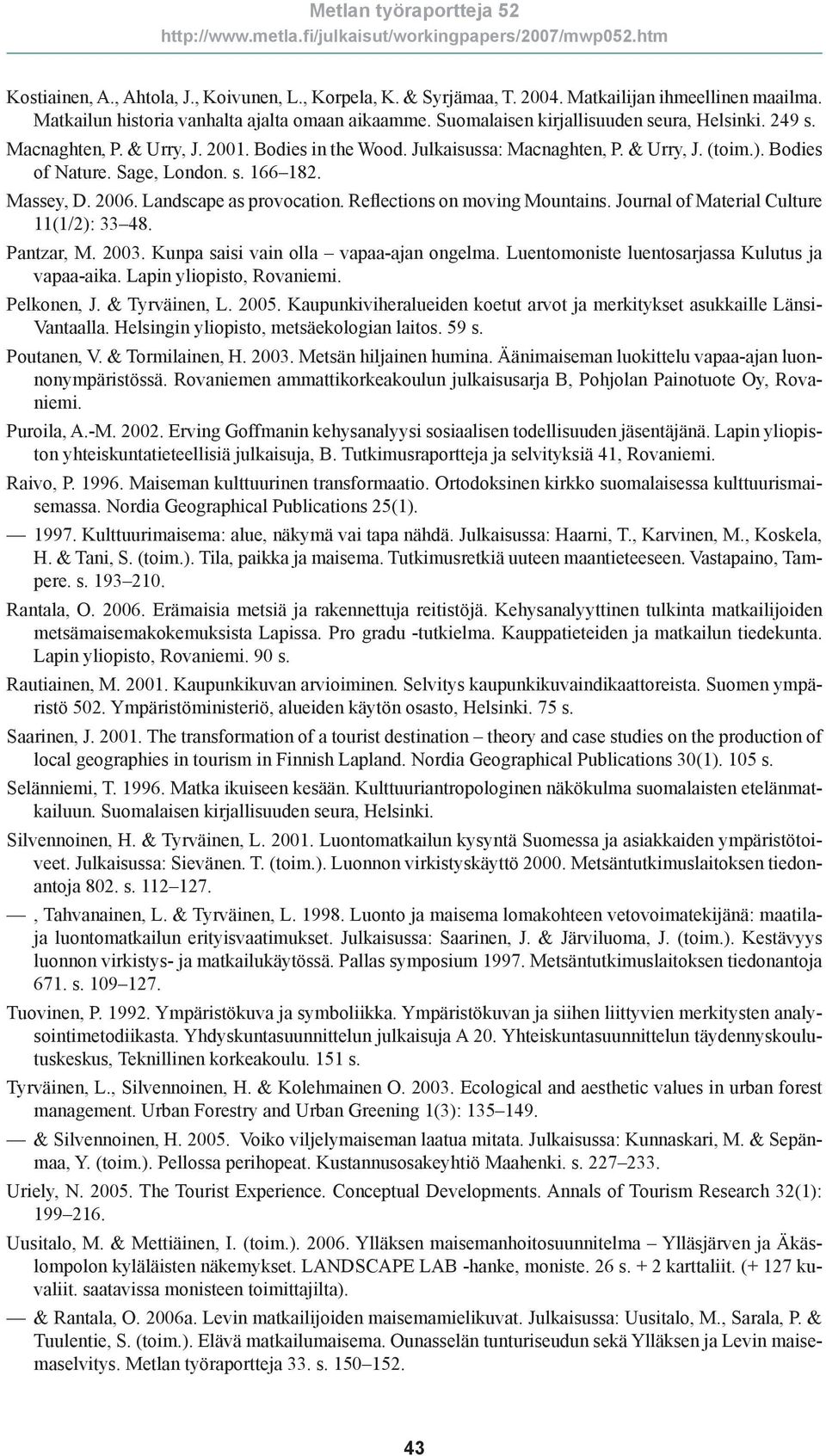 Massey, D. 2006. Landscape as provocation. Reflections on moving Mountains. Journal of Material Culture 11(1/2): 33 48. Pantzar, M. 2003. Kunpa saisi vain olla vapaa-ajan ongelma.