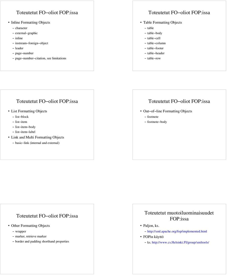 list item body list item label Link and Multi Formatting Objects basic link (internal and external) Other Formatting Objects wrapper marker, retrieve marker border and