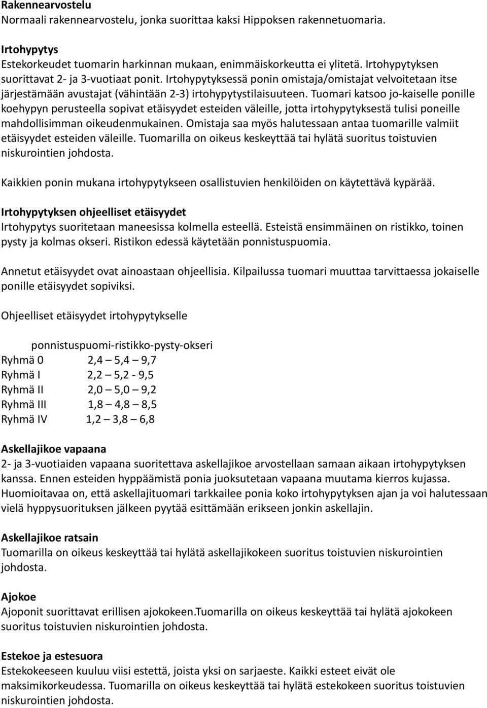 Tuomari katsoo jo-kaiselle ponille koehypyn perusteella sopivat etäisyydet esteiden väleille, jotta irtohypytyksestä tulisi poneille mahdollisimman oikeudenmukainen.