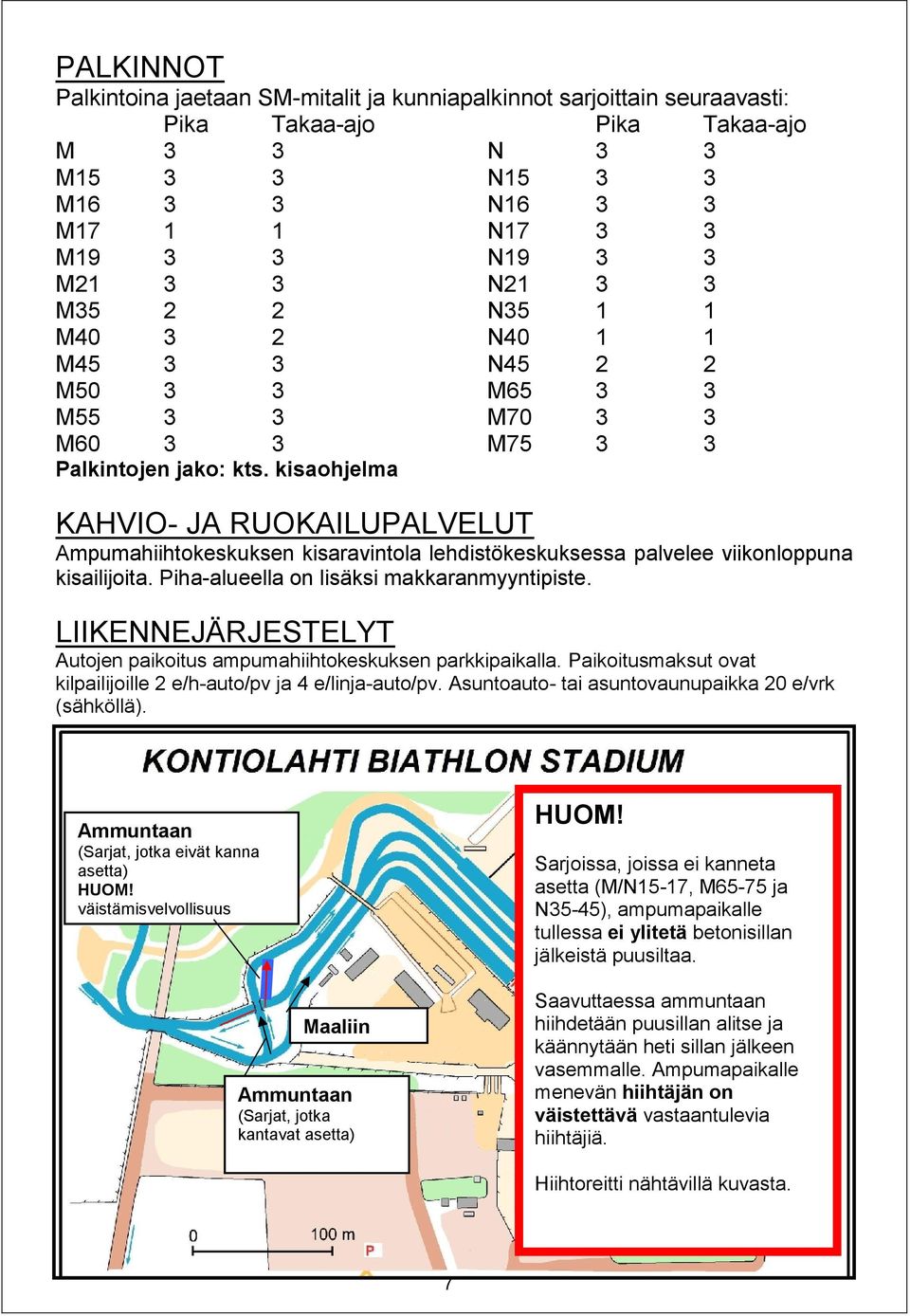 Piha-alueella on lisäksi makkaranmyyntipiste. LIIKENNEJÄRJESTELYT Autojen paikoitus ampumahiihtokeskuksen parkkipaikalla. Paikoitusmaksut ovat kilpailijoille 2 e/h-auto/pv ja 4 e/linja-auto/pv.