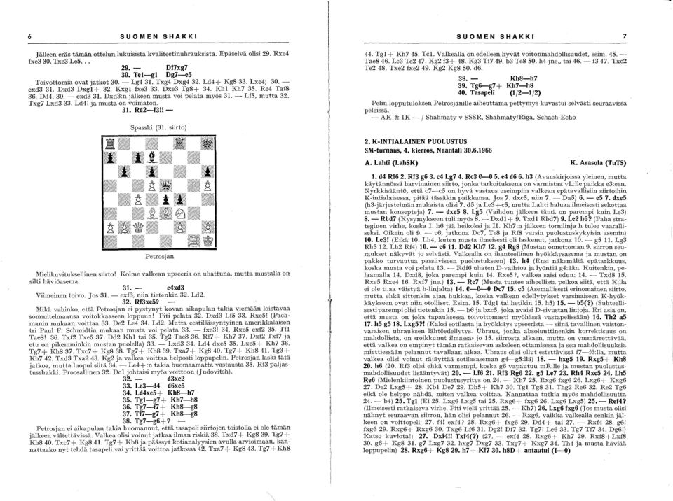 Txg7 Lxd3 33. Ld4! ja musta on voimaton. 31. Rd2-f3!! - Spasski (31. siirto) SUOMEN SHAKKI 7 44. Tgl + Kh7 4S. Tel. VaIkealla on edelleen hyvät voitonmahdollisuudet, esim. 45. - Tae8 46. Le3 Te2 47.