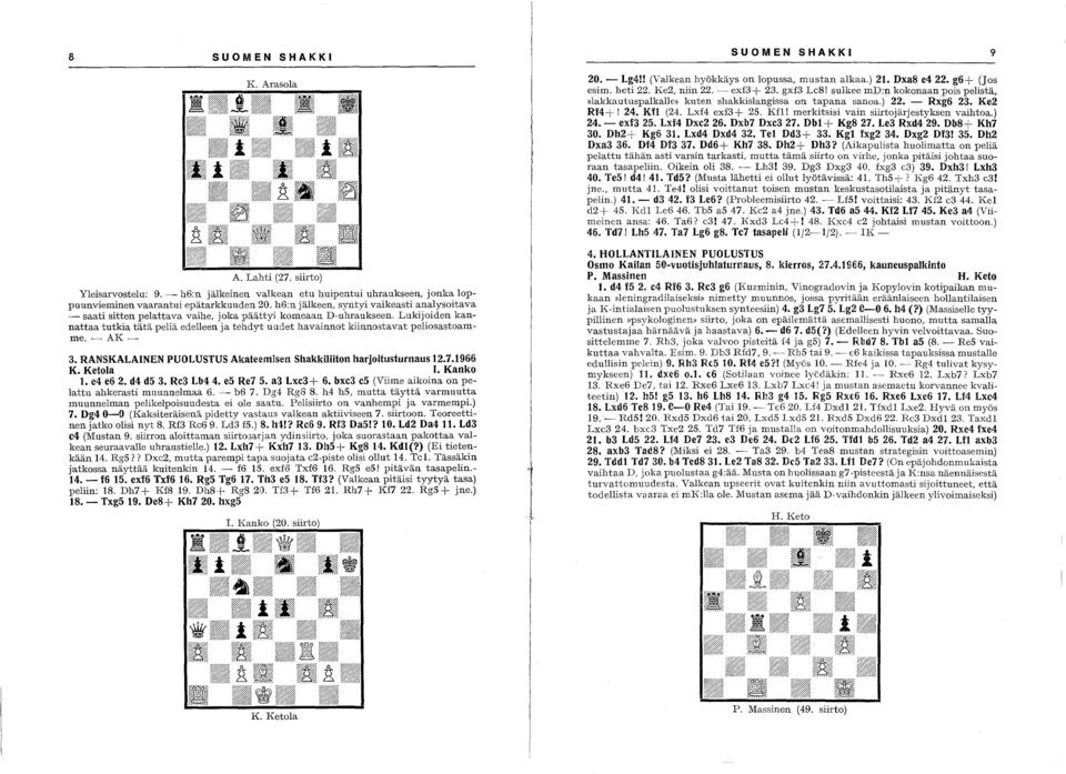 Lukijoiden kannattaa tutkia tätä peliä edelleen ja tehdyt uudet havainnot kiinnostavat peliosastoamme. -AK- 3. RANSKALAINEN PUOLUSTUS Akateemisen Shakkiliiton harjoitusturnaus 12.7.1966 K. Ketola I.