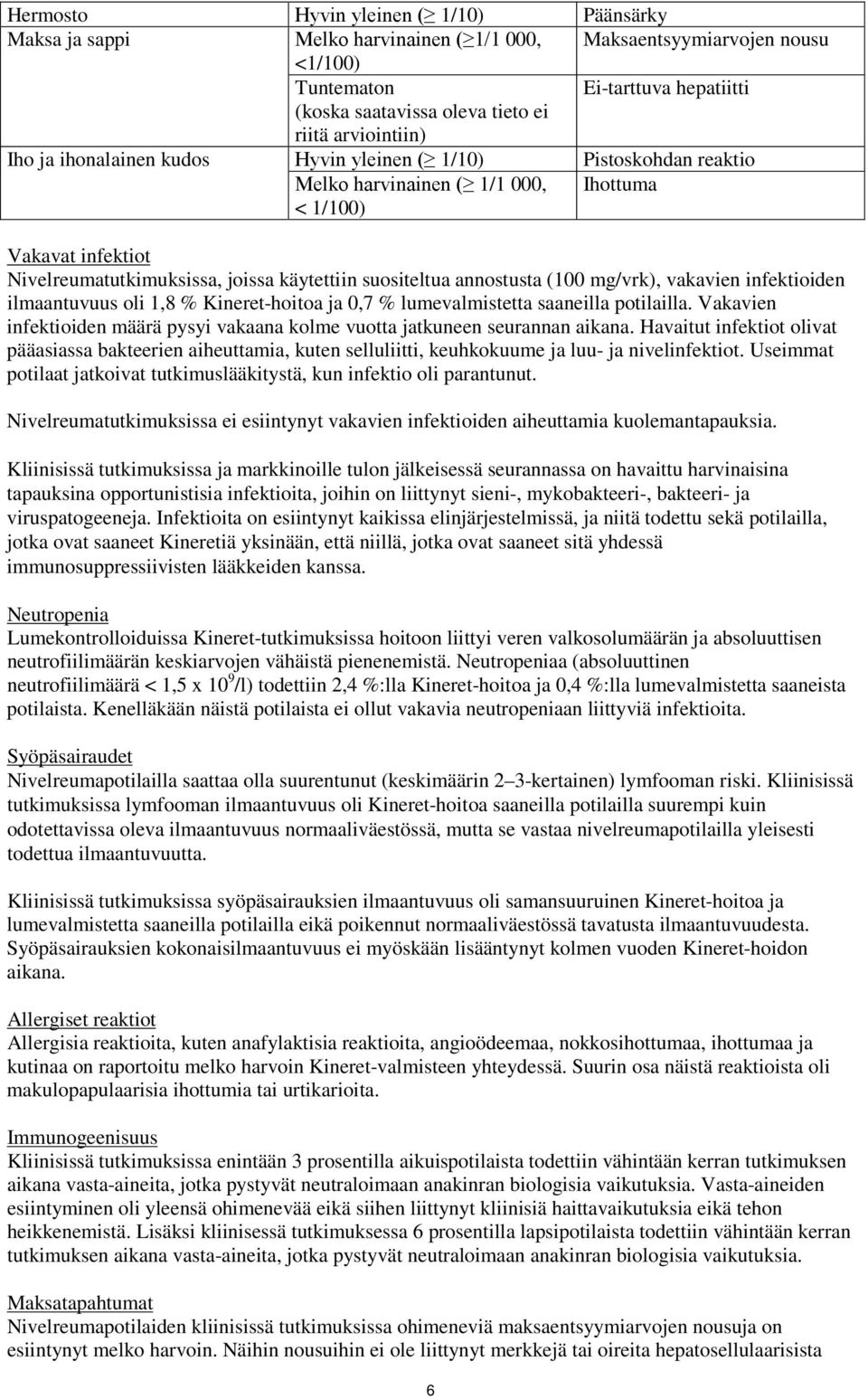 suositeltua annostusta (100 mg/vrk), vakavien infektioiden ilmaantuvuus oli 1,8 % Kineret-hoitoa ja 0,7 % lumevalmistetta saaneilla potilailla.