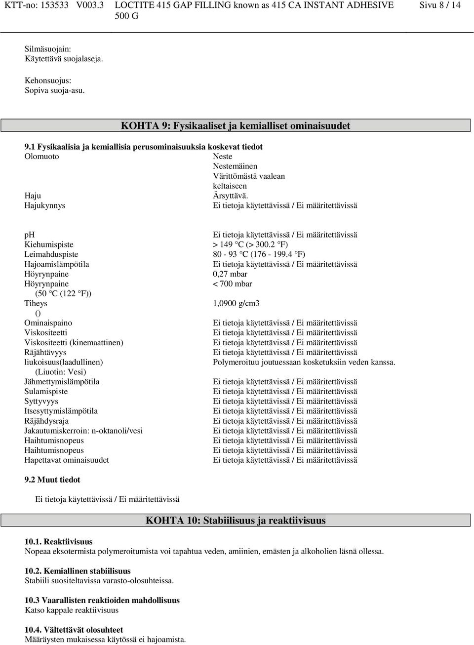 Hajukynnys ph Kiehumispiste Leimahduspiste Hajoamislämpötila Höyrynpaine Höyrynpaine (50 C (122 F)) Tiheys () Ominaispaino Viskositeetti Viskositeetti (kinemaattinen) Räjähtävyys