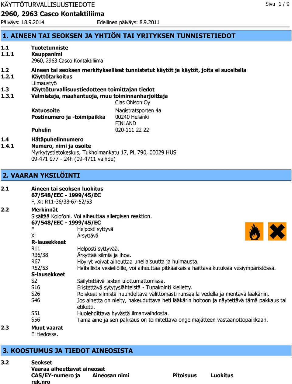 Käyttöturvallisuustiedotteen toimittajan tiedot 1.3.