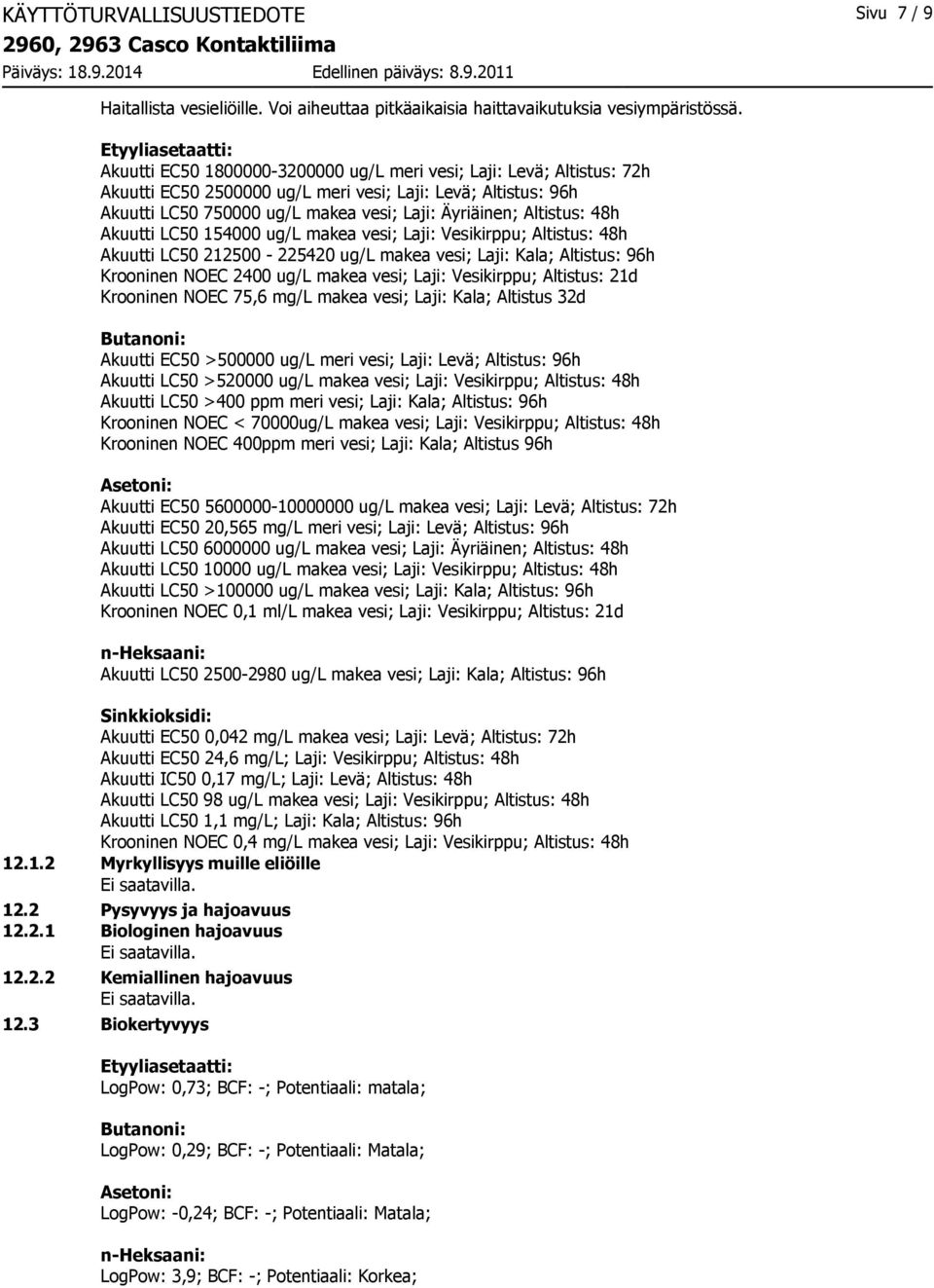 Äyriäinen; Altistus: 48h Akuutti LC50 154000 ug/l makea vesi; Laji: Vesikirppu; Altistus: 48h Akuutti LC50 212500-225420 ug/l makea vesi; Laji: Kala; Altistus: 96h Krooninen NOEC 2400 ug/l makea