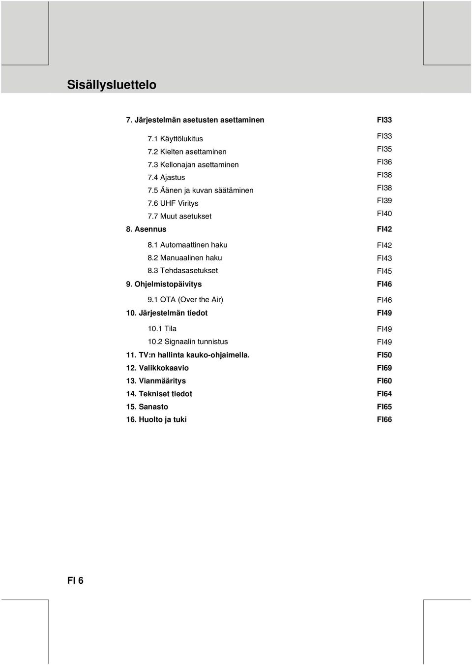 2 Manuaalinen haku FI43 8.3 Tehdasasetukset FI45 9. Ohjelmistopäivitys FI46 9.1 OTA (Over the Air) FI46 10. Järjestelmän tiedot FI49 10.1 Tila FI49 10.