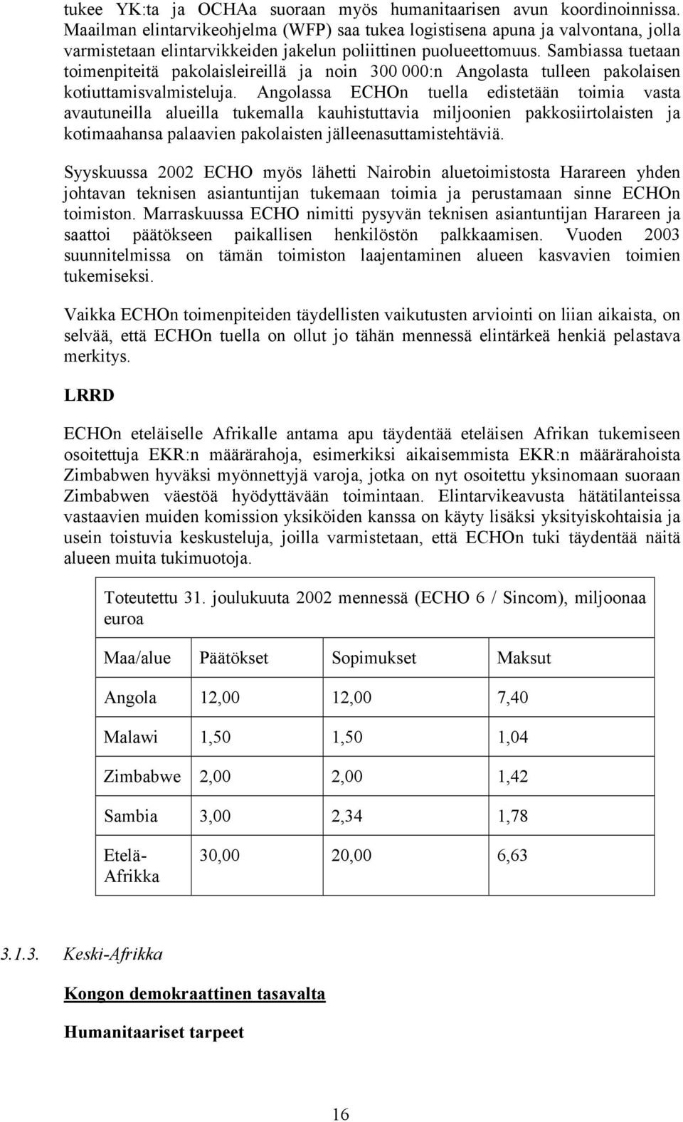 Sambiassa tuetaan toimenpiteitä pakolaisleireillä ja noin 300 000:n Angolasta tulleen pakolaisen kotiuttamisvalmisteluja.