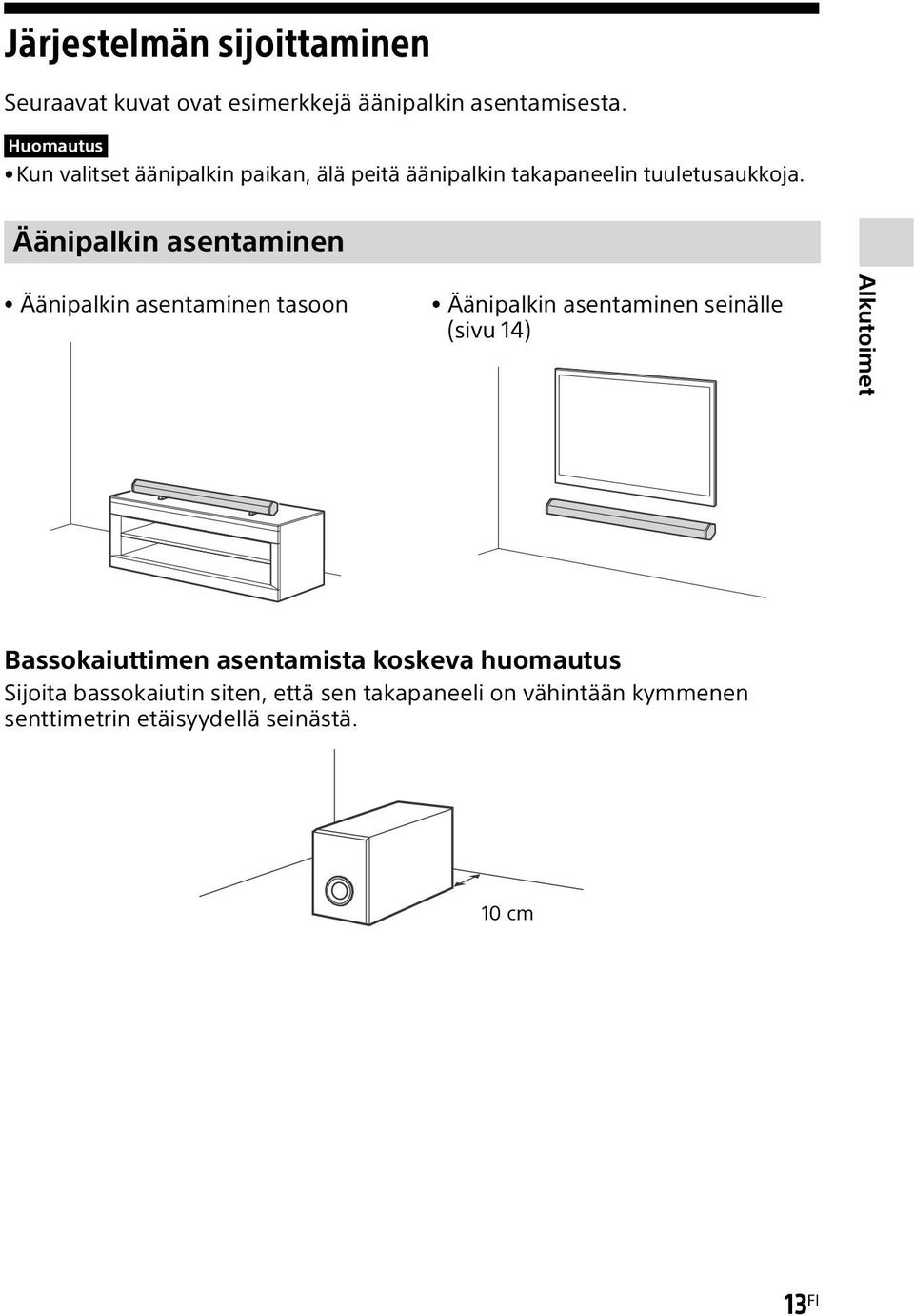 Äänipalkin asentaminen Äänipalkin asentaminen tasoon Äänipalkin asentaminen seinälle (sivu 14) Alkutoimet