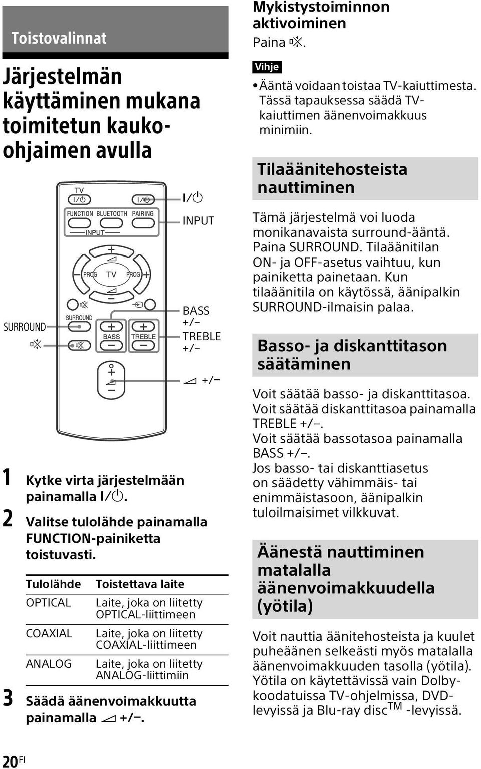 Tulolähde Toistettava laite OPTICAL Laite, joka on liitetty OPTICAL-liittimeen COAXIAL Laite, joka on liitetty COAXIAL-liittimeen ANALOG Laite, joka on liitetty ANALOG-liittimiin 3 Säädä