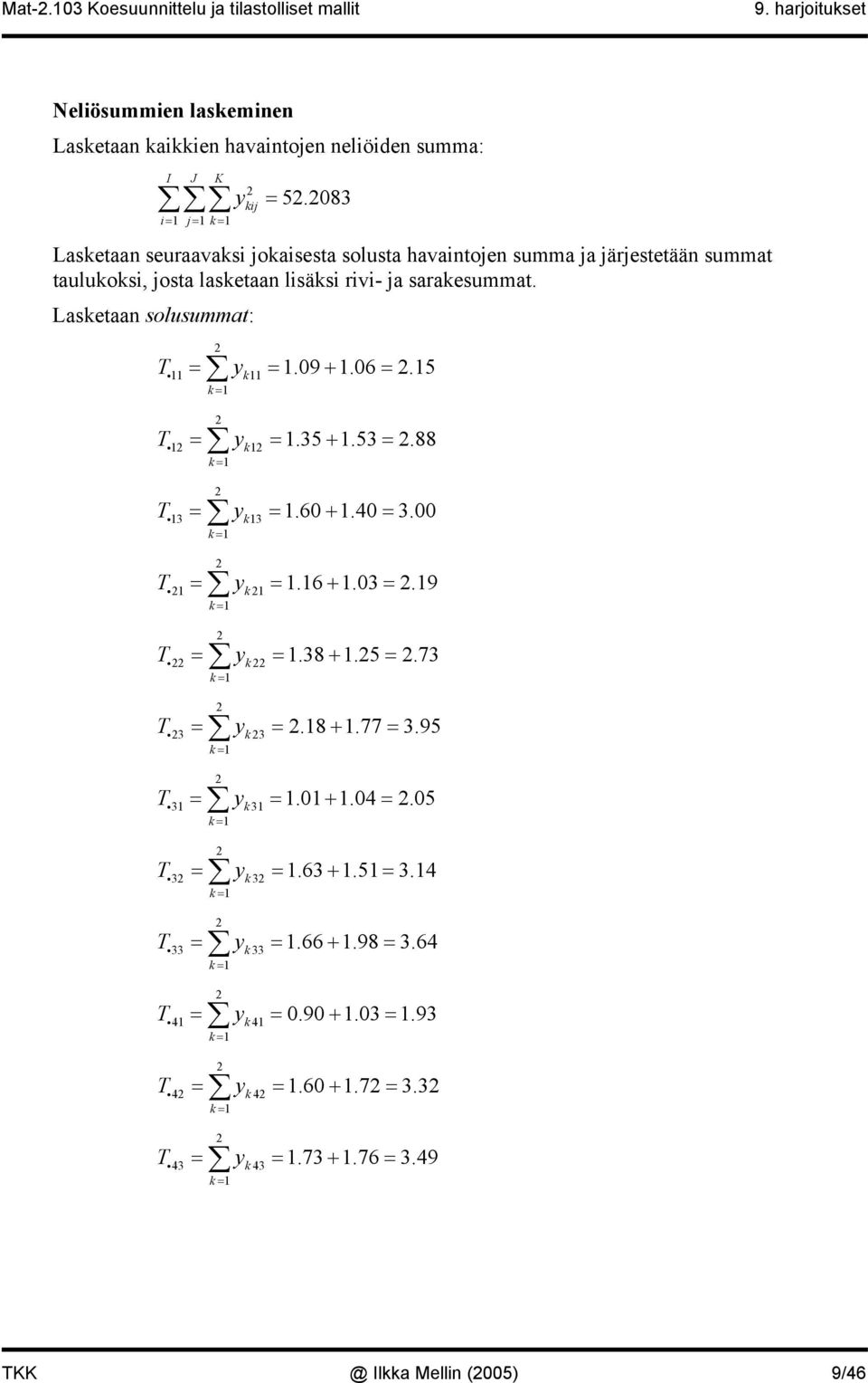 09 +.06 =.5 i k k = T = =.35 +.53 =.88 i k k = T = =.60 +.40 = 3.00 i3 k3 k = T = =.6 +.03 =.9 i k k = T = =.38 +.5 =.73 i k k = T = =.8 +.77 = 3.95 i3 k 3 k = T = =.0+.