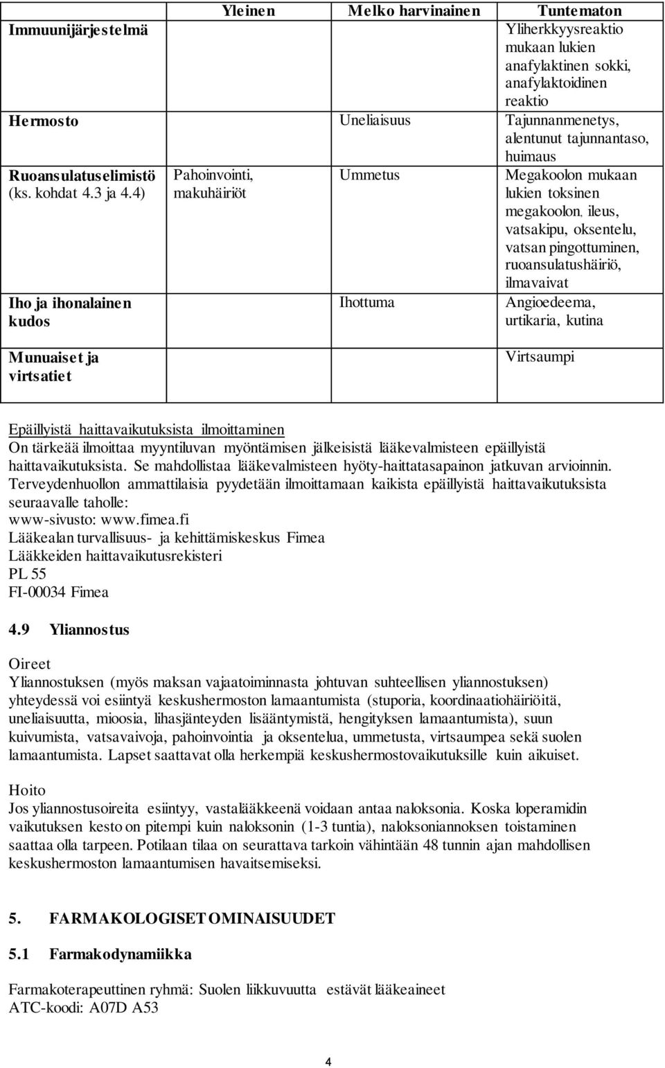 4) Iho ja ihonalainen kudos Pahoinvointi, makuhäiriöt Ummetus Ihottuma huimaus Megakoolon mukaan lukien toksinen megakoolon, ileus, vatsakipu, oksentelu, vatsan pingottuminen, ruoansulatushäiriö,