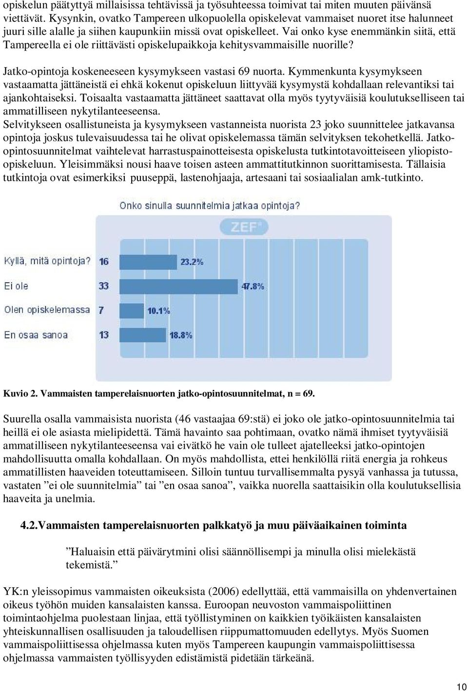 Vai onko kyse enemmänkin siitä, että Tampereella ei ole riittävästi opiskelupaikkoja kehitysvammaisille nuorille? Jatko-opintoja koskeneeseen kysymykseen vastasi 69 nuorta.