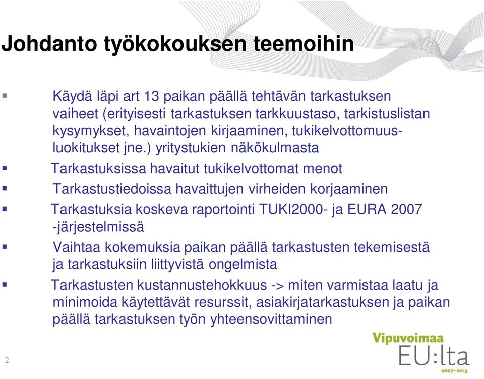 ) yritystukien näkökulmasta Tarkastuksissa havaitut tukikelvottomat menot Tarkastustiedoissa havaittujen virheiden korjaaminen Tarkastuksia koskeva raportointi TUKI2000-