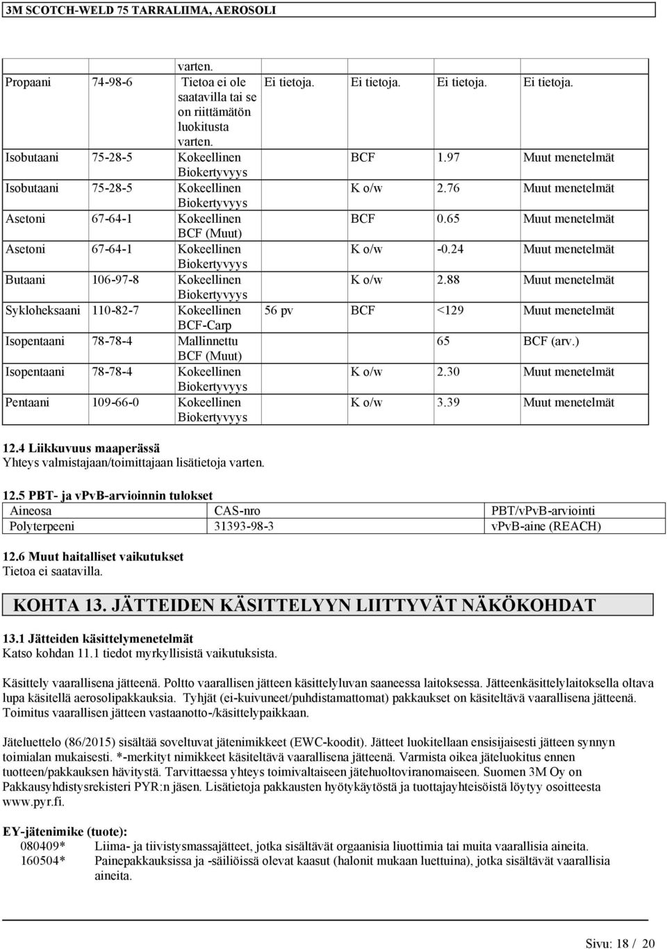 Kokeellinen Biokertyvyys 12.4 Liikkuvuus maaperässä Yhteys valmistajaan/toimittajaan lisätietoja Ei tietoja. Ei tietoja. Ei tietoja. Ei tietoja. BCF 1.97 Muut menetelmät K o/w 2.