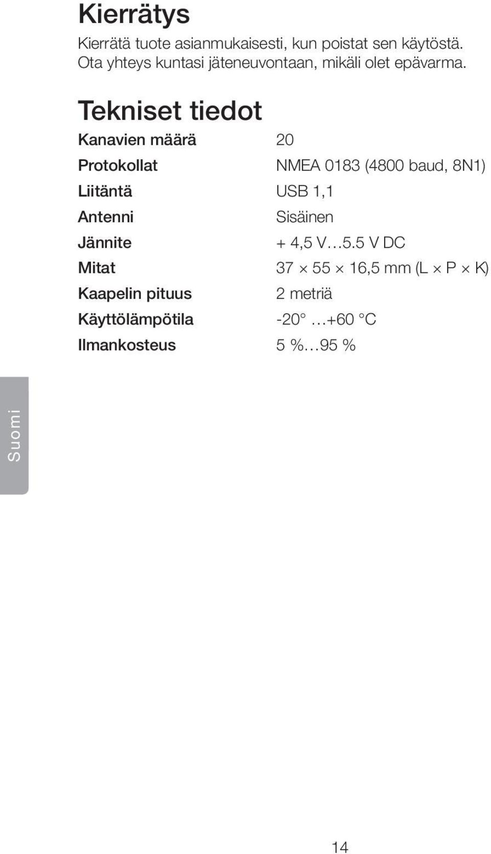 Tekniset tiedot Kanavien määrä 20 Protokollat NMEA 0183 (4800 baud, 8N1) Liitäntä USB 1,1