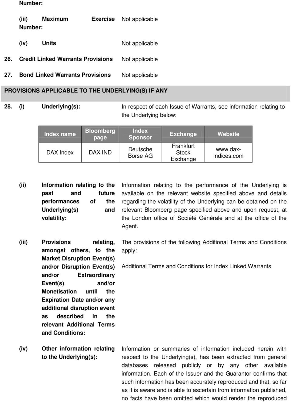 (i) Underlying(s): In respect of each Issue of Warrants, see information relating to the Underlying below: Index name Bloomberg page Index Sponsor Exchange Website DAX Index DAX IND Deutsche Börse AG