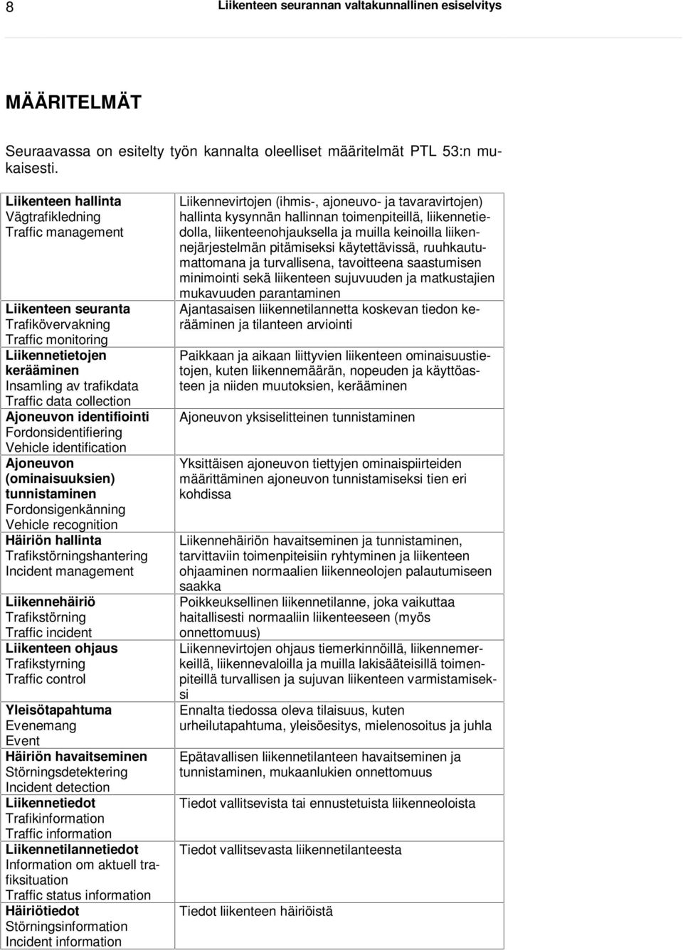 identifiointi Fordonsidentifiering Vehicle identification Ajoneuvon (ominaisuuksien) tunnistaminen Fordonsigenkänning Vehicle recognition Häiriön hallinta Trafikstörningshantering Incident management