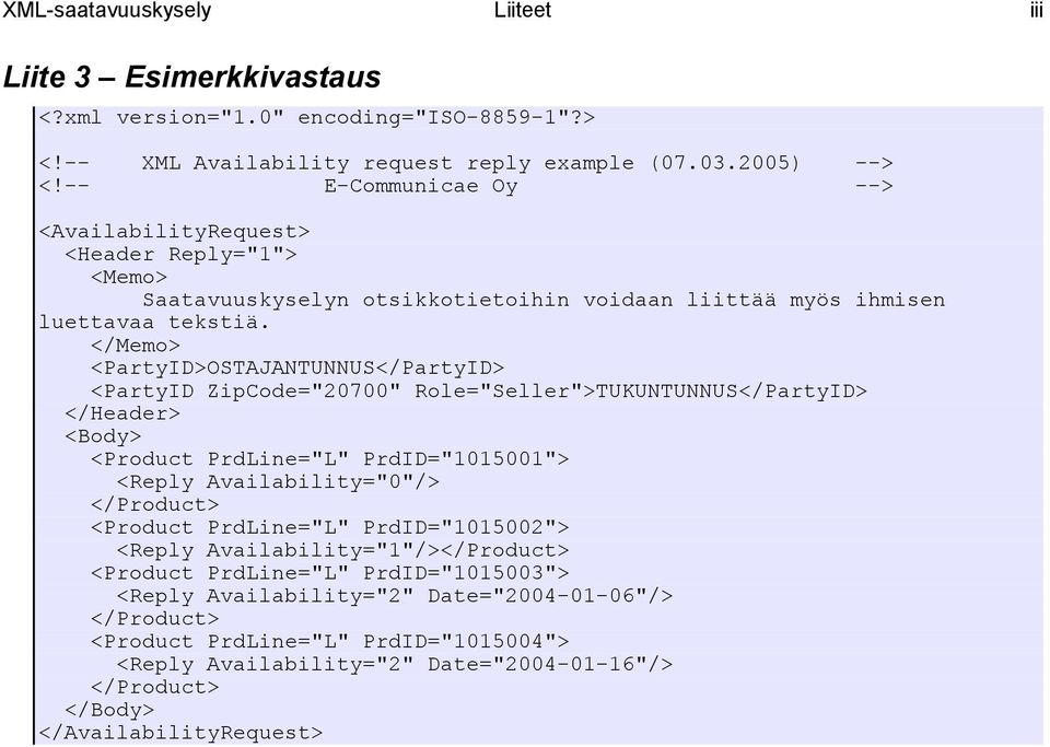 </Memo> <PartyID>OSTAJANTUNNUS</PartyID> <PartyID ZipCode="20700" Role="Seller">TUKUNTUNNUS</PartyID> </Header> <Body> <Product PrdLine="L" PrdID="1015001"> <Reply Availability="0"/> </Product>