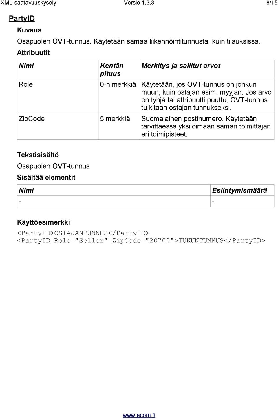 Jos arvo on tyhjä tai attribuutti puuttu, OVT-tunnus tulkitaan ostajan tunnukseksi. ZipCode 5 merkkiä Suomalainen postinumero.