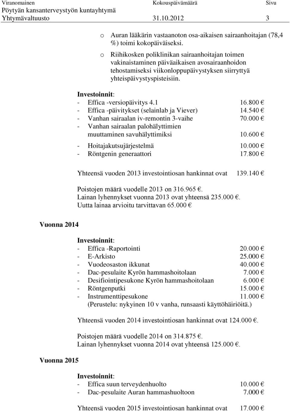 Investoinnit: - Effica -versiopäivitys 4.1 16.800 - Effica -päivitykset (selainlab ja Viever) 14.540 - Vanhan sairaalan iv-remontin 3-vaihe 70.