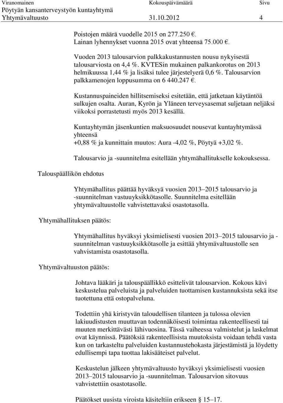 Talousarvion palkkamenojen loppusumma on 6 440.247. Kustannuspaineiden hillitsemiseksi esitetään, että jatketaan käytäntöä sulkujen osalta.