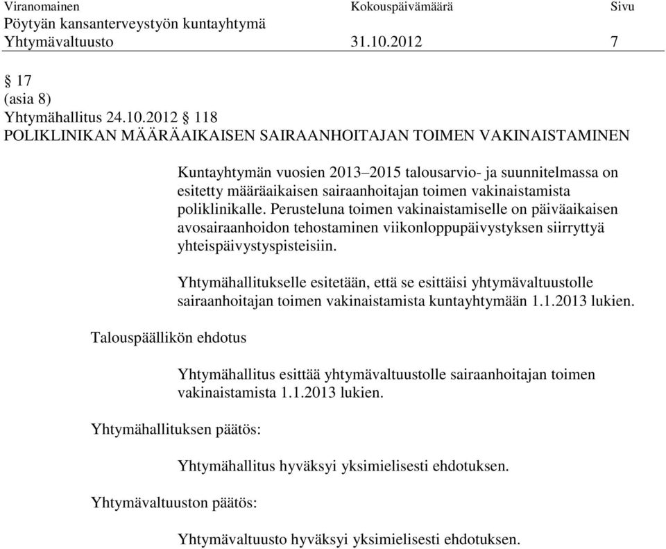 2012 118 POLIKLINIKAN MÄÄRÄAIKAISEN SAIRAANHOITAJAN TOIMEN VAKINAISTAMINEN Kuntayhtymän vuosien 2013 2015 talousarvio- ja suunnitelmassa on esitetty määräaikaisen