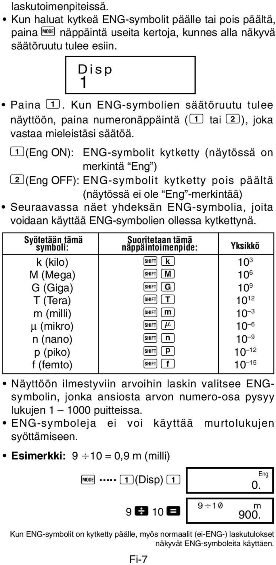 1(Eng ON): ENG-symbolit kytketty (näytössä on merkintä Eng ) 2(Eng OFF): ENG-symbolit kytketty pois päältä (näytössä ei ole Eng -merkintää) Seuraavassa näet yhdeksän ENG-symbolia, joita voidaan