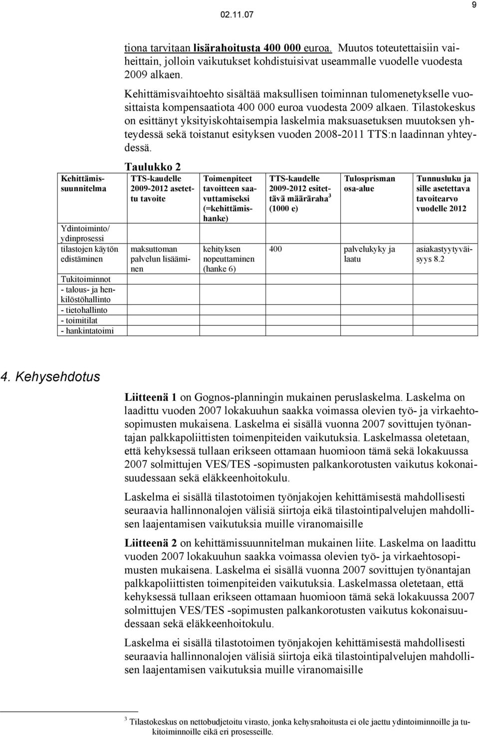 sekä toistanut esityksen vuoden 2008-2011 TTS:n laadinnan yhteydessä Kehittämissuunnitelma Ydintoiminto/ ydinprosessi tilastojen käytön edistäminen Tukitoiminnot - talous- ja henkilöstöhallinto -