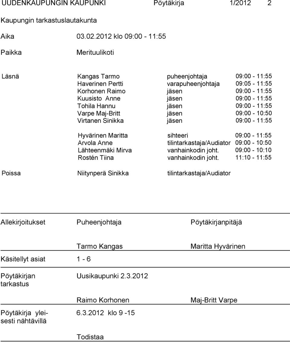 Tohila Hannu jäsen 09:00-11:55 Varpe Maj-Britt jäsen 09:00-10:50 Virtanen Sinikka jäsen 09:00-11:55 Hyvärinen Maritta sihteeri 09:00-11:55 Arvola Anne tilintarkastaja/audiator 09:00-10:50 Lähteenmäki