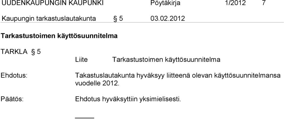 2012 Tarkastustoimen käyttösuunnitelma TARKLA 5 Liite Tarkastustoimen