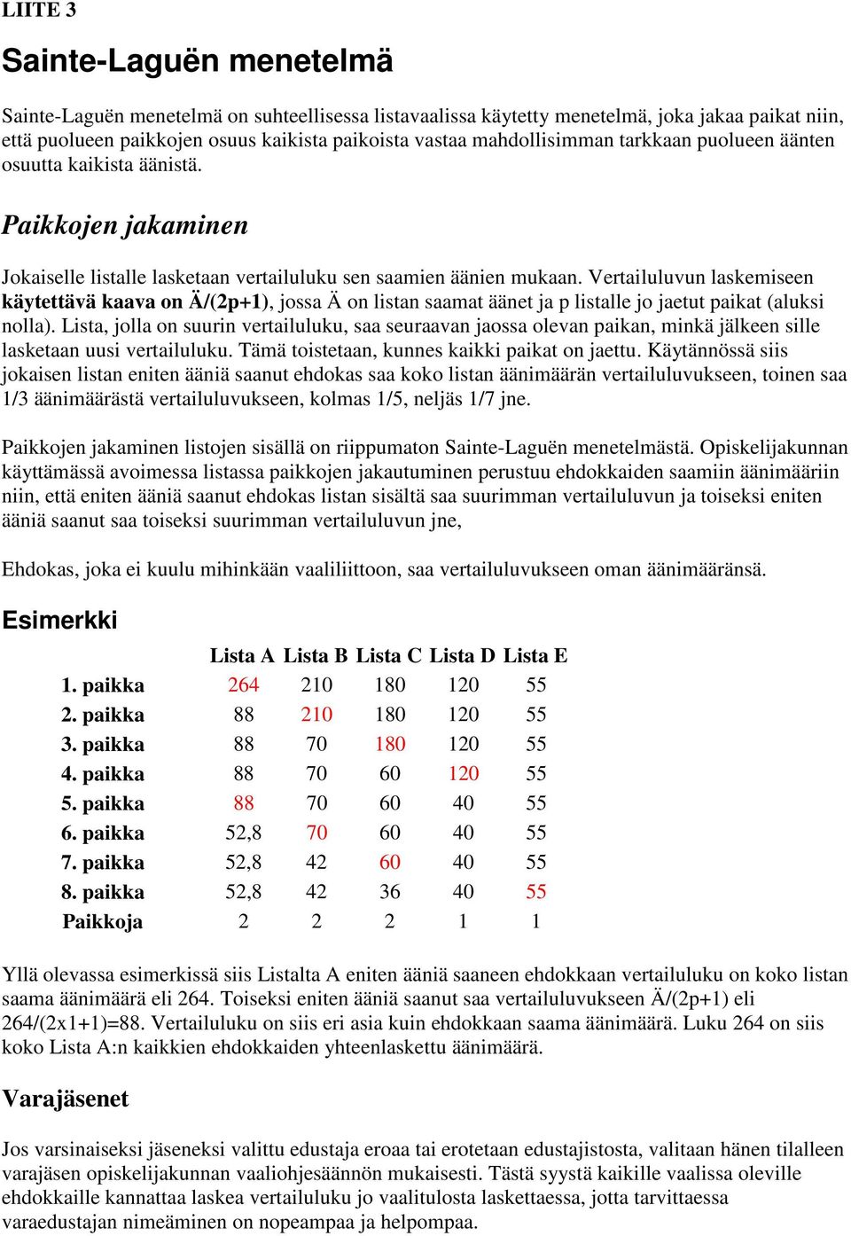 Vertailuluvun laskemiseen käytettävä kaava on Ä/(2p+1), jossa Ä on listan saamat äänet ja p listalle jo jaetut paikat (aluksi nolla).