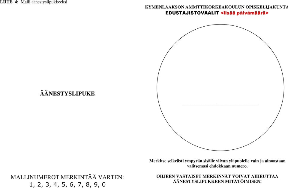 yläpuolelle vain ja ainoastaan valitsemasi ehdokkaan numero.