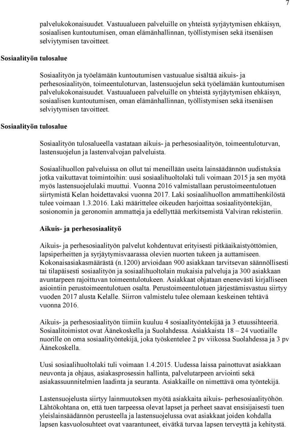 Sosiaalityön ja työelämään kuntoutumisen vastuualue sisältää aikuis- ja perhesosiaalityön, toimeentuloturvan, lastensuojelun sekä työelämään kuntoutumisen palvelukokonaisuudet.