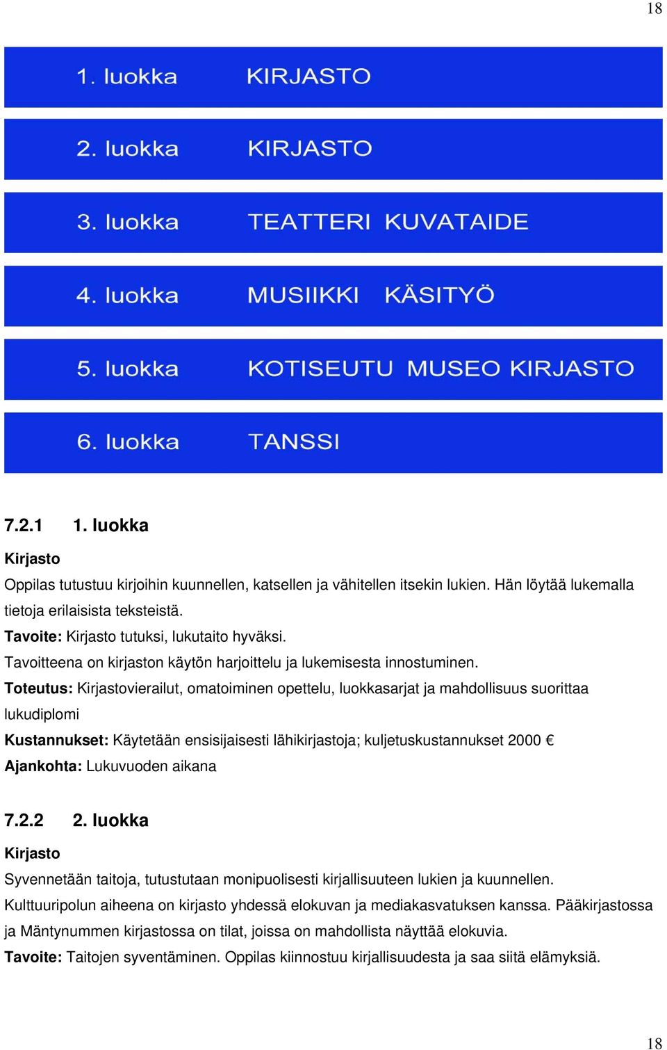 Toteutus: Kirjastovierailut, omatoiminen opettelu, luokkasarjat ja mahdollisuus suorittaa lukudiplomi Kustannukset: Käytetään ensisijaisesti lähikirjastoja; kuljetuskustannukset 2000 Ajankohta: