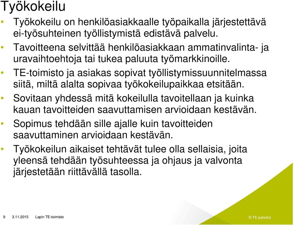 TE-toimisto ja asiakas sopivat työllistymissuunnitelmassa siitä, miltä alalta sopivaa työkokeilupaikkaa etsitään.