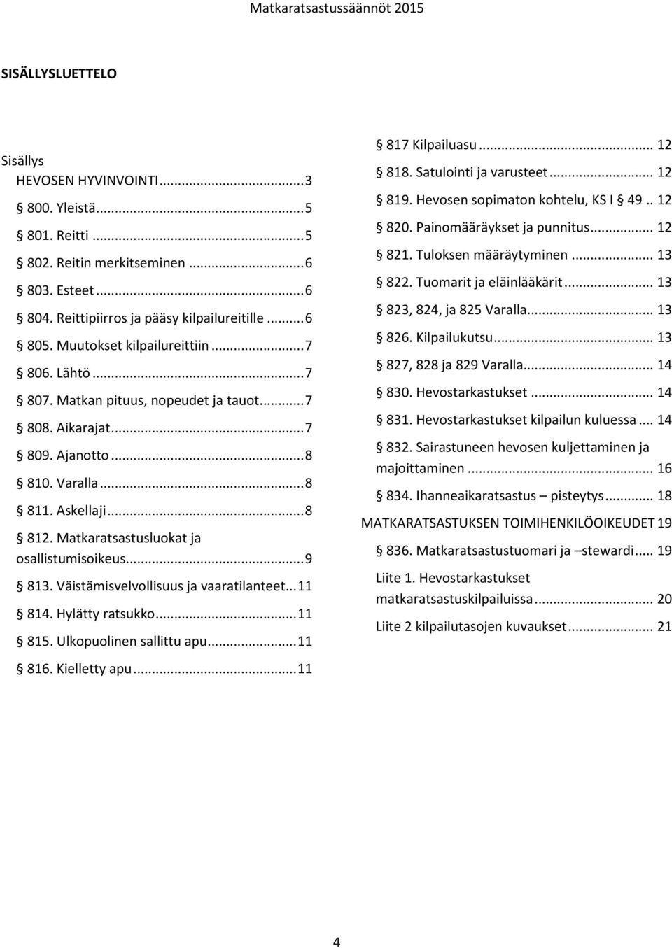 Matkaratsastusluokat ja osallistumisoikeus... 9 813. Väistämisvelvollisuus ja vaaratilanteet... 11 814. Hylätty ratsukko... 11 815. Ulkopuolinen sallittu apu... 11 816. Kielletty apu.