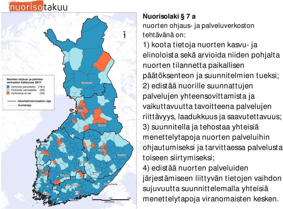 palvelujen riittävyys, laadukkuus ja saavutettavuus; 3) suunnitella ja tehostaa yhteisiä menettelytapoja nuorten palveluihin ohjautumiseksi ja tarvittaessa