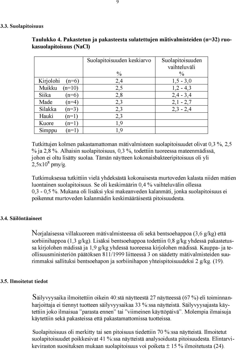 1,2-4,3 Siika (n=6) 2,8 2,4-3,4 Made (n=4) 2,3 2,1-2,7 Silakka (n=3) 2,3 2,3-2,4 Hauki (n=1) 2,3 Kuore (n=1) 1,9 Simppu (n=1) 1,9 Tutkittujen kolmen pakastamattoman mätivalmisteen suolapitoisuudet