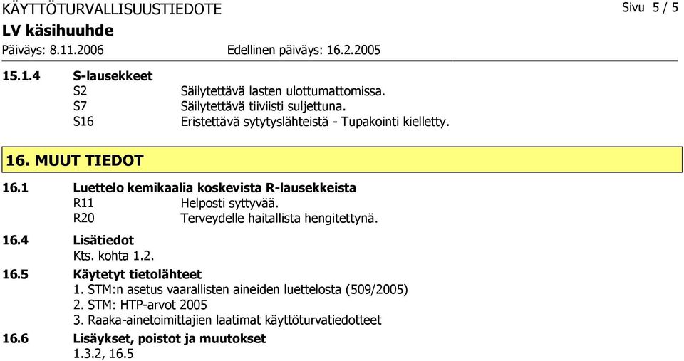 R20 Terveydelle haitallista hengitettynä. 16.4 Lisätiedot Kts. kohta 1.2. 16.5 Käytetyt tietolähteet 1.