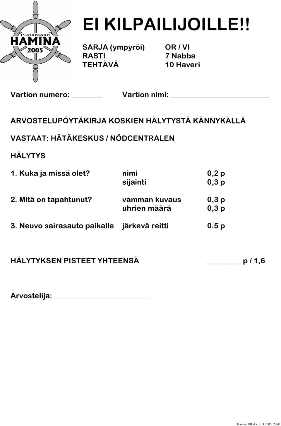 nimi 0,2 p sijainti 0,3 p 2. Mitä on tapahtunut? vamman kuvaus 0,3 p uhrien määrä 0,3 p 3.