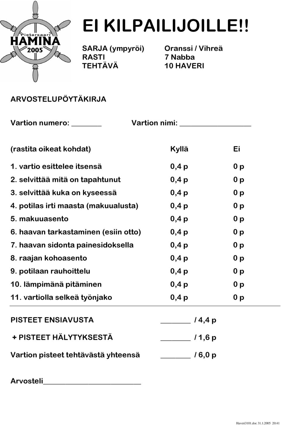 haavan tarkastaminen (esiin otto) 0,4 p 0 p 7. haavan sidonta painesidoksella 0,4 p 0 p 8. raajan kohoasento 0,4 p 0 p 9. potilaan rauhoittelu 0,4 p 0 p 10.